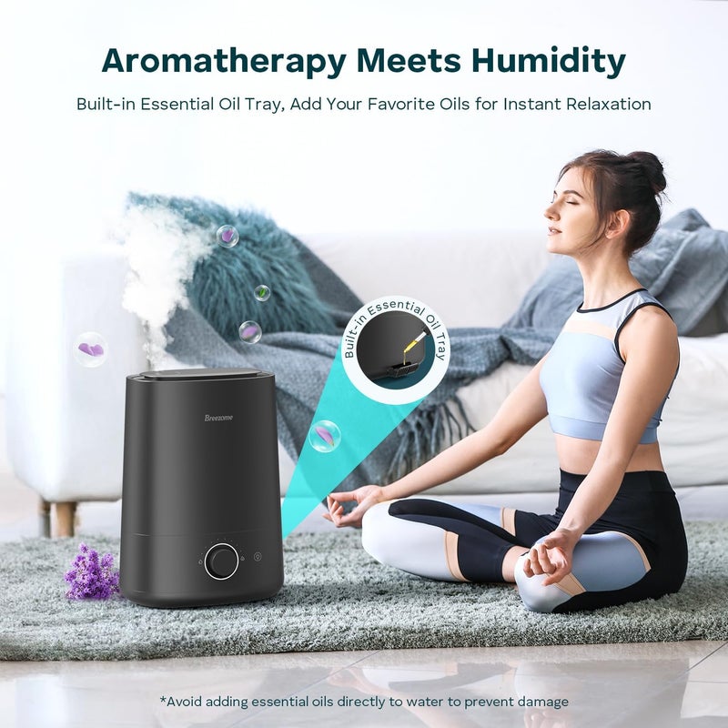 BREEZOME مرطبات 5 لتر لغرفة النوم، مرطب ضباب بارد بالموجات فوق الصوتية مع موزع زيت أساسي، فوهة 360°، إيقاف تلقائي، مدة تشغيل 50 ساعة، مرطبات هادئة للغرف الكبيرة، حضانة الأطفال، النباتات - Image 4